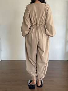 DAZY Combinaison ample pour femme avec manches lanternes et taille resserrée, couleur unie minimaliste, tenue de détente - Camel - Voir 2