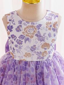 SHEIN Glamorique Kids Glamorique 青少女派對 & 花童婚禮禮服，短袖 V 背蝴蝶結花卉甜美優雅蓬蓬公主長裙 復活節 - 淡紫色 - 查看 4