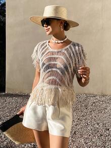 DAZY Women's Crochet Hollow Out Bohemian Style Boho Cover Up Cover Up For Summer Vacation Beach White Sequin - Beige - View 3