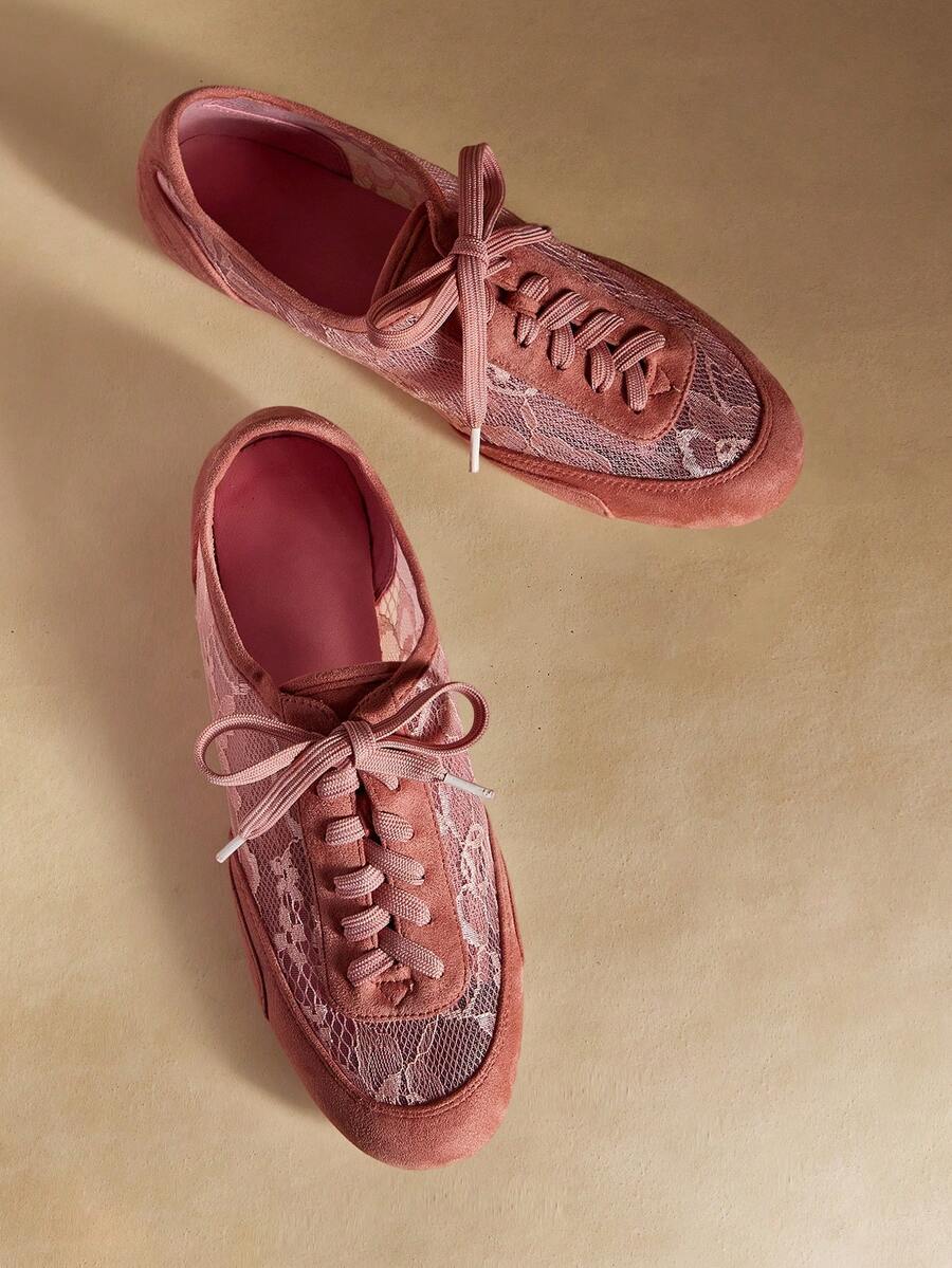 Rosivie 女士时尚休闲蕾丝拼接系带平底鞋 - 粉色 - 查看 1