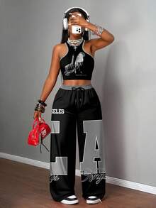 Slaydiva Bộ đồ 2 mảnh màu đen/Áo hai dây và quần ống rộng phong cách đường phố thường ngày dành cho nữ/Thời trang Y2K/Thời trang đường phố/Bộ đồ 2 mảnh dành cho nữ/Trở lại trường học/Phong cách đường phố thường ngày/Trang phục Hip Hop/Họa tiết cử chỉ tay Los Angeles - Nhiều màu - Xem 3