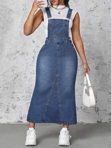 Rivivi Plus Size Solid Color Pocket Fitted Casual Denim Jumpsuit Dress - Blue - View 6