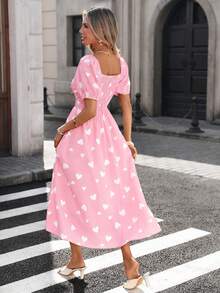 Pariaura 大码女士优雅简约褶皱短袖收腰长款心形印花连衣裙，春季女士夏季连衣裙，女士休闲连衣裙 - 淺粉色 - 查看 2