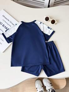 Playful Pals 2pcs/Set Toddler Boys' Summer Casual Retro Loose Sports V-Neck 91 Number Letter Print Color Block Short Sleeve Top & Elastic Waist Shorts Set,Soft - Royal Blue - View 2