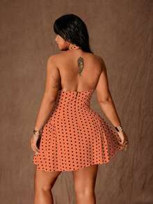 Rustia Gaun Mini Seksi Model A-Line Motif Polkadot untuk Wanita Ukuran Plus dengan Tali Leher - Jeruk - View 2