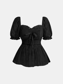 ROMWE Kawaii Women's Cute Vacation Style Textured Fabric Blouse With Bow Decor - Black - View 1