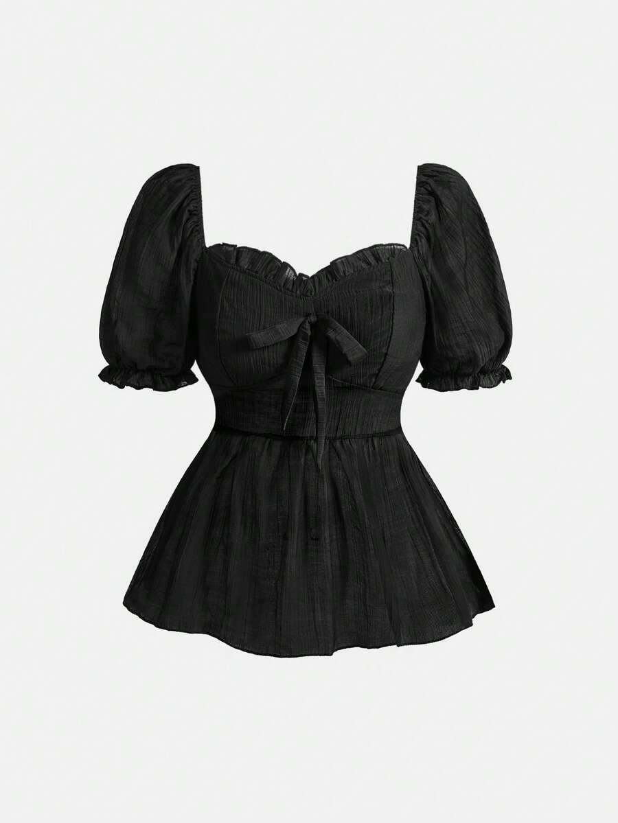 ROMWE Kawaii Women's Cute Vacation Style Textured Fabric Blouse With Bow Decor - Black - View 1
