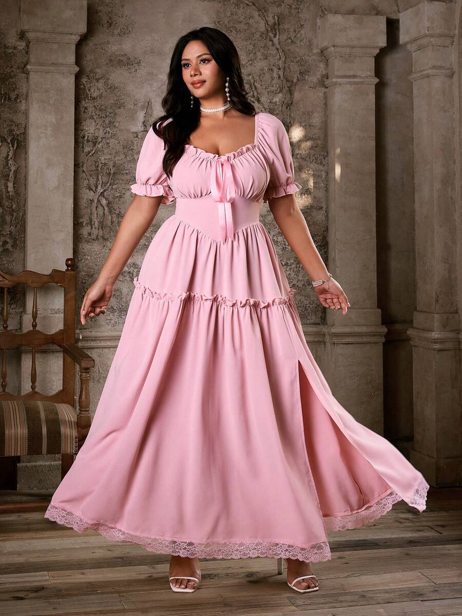 Lyrianda Spring, Summer, Fall, Bow, Elegant, Vacation, French Retro Pink Fabric Patchwork Lace Tea-Length Dress, Gentle Breeze Minimalist Waist-Cinched Bubble Sleeve Shirt Dress, Asymmetrical Hem Dress, Party - Pink - View 1