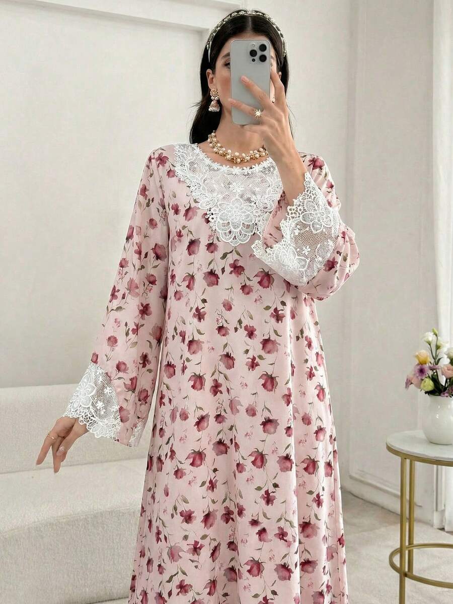 Modelyn Women's Woven Floral Print Splice Long Sleeve Arabic Dress - Multicolor - View 1