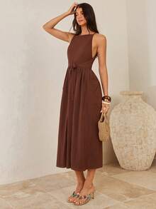 Enchnt 女士吊带方领收腰简约连体系带长裙 - 棕色 - 查看 4