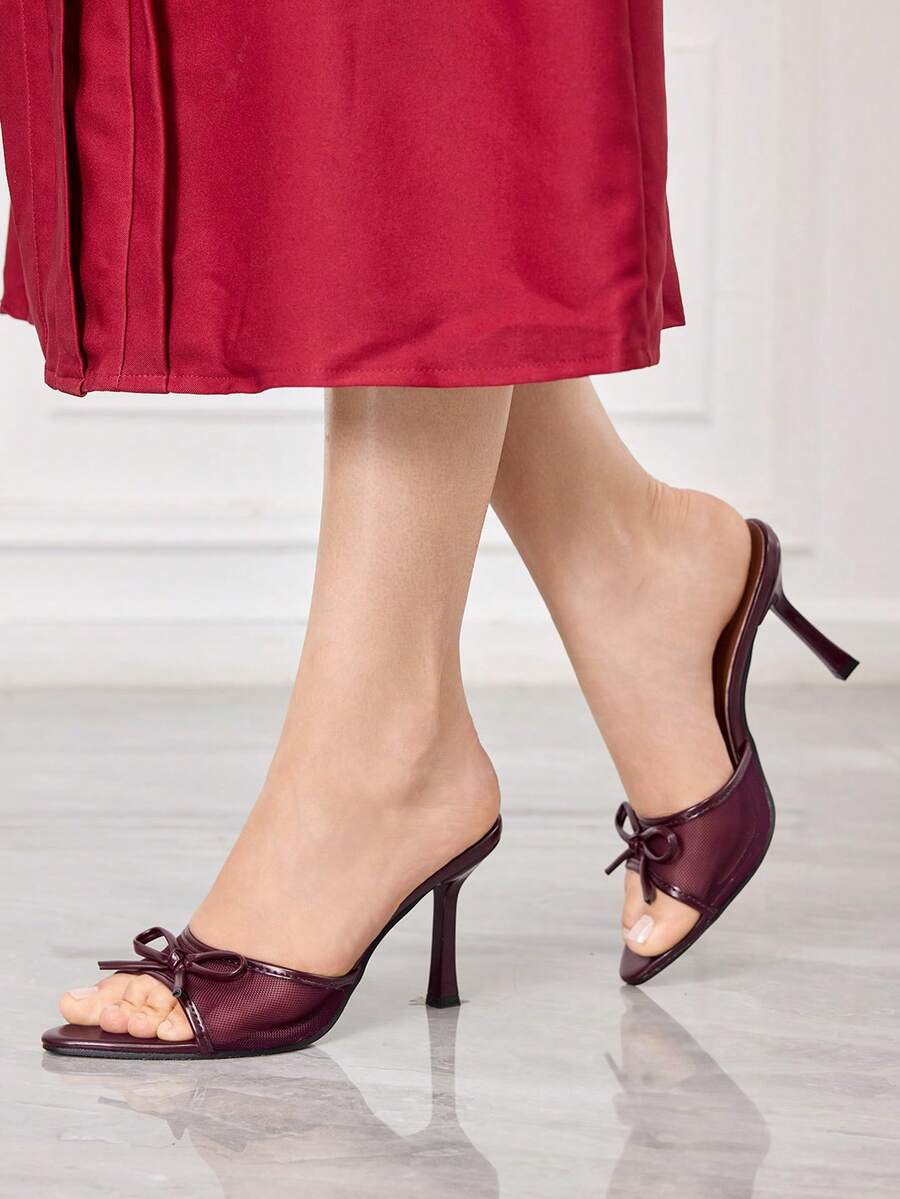 Sleekvia Giày sandal cao gót mũi nhọn đính nơ đính đá thời trang mới, đa năng, thích hợp cho mùa Giáng sinh. - Lưới màu đỏ rượu vang - Xem 1