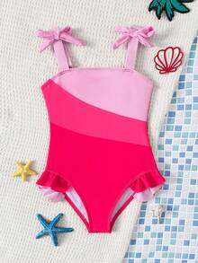 SHEIN Emery Rose Kids Bộ đồ bơi liền thân dễ thương cho bé gái, cổ áo bất đối xứng với nơ và viền bèo phối màu tương phản, màu tím, thích hợp cho du lịch biển mùa xuân/hè và kỳ nghỉ. - Nhiều màu - Xem 1