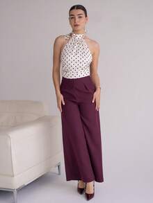 Andrea Bello Beige And Black Polka Dot Satin Tie-Neck Top With High Collar And Open Back – Vintage Elegant Court Style, Date, Party, Y2K, Festive & Birthday Wear Polka Dot Top Tie Tops White Polka Dot Top Polkadot Top Halter Neck Top,Halloween Costumes,Vacation Outfits Women,2000s Clothes - Apricot - View 5