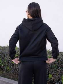 Andrea Bello 女式黑色休闲宽松连帽衫和运动裤两件套，保暖内衬，秋冬 - 黑色 - 查看 2