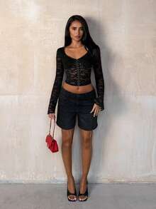 TRNVIE Women's Elegant Rivet Lace Hook Decor Fitted T-Shirt Black Black See Through Top Black Sexy Tops Black Mesh Top Black Lace Long Sleeve Top - Black - View 5