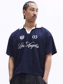 SUMWON Polo clásico de cuello con estampado de guión de Los Ángeles, detalle de botones en la pechera, ajuste regular, casual - Azul Marino - Ver 4