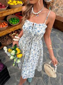 Selianne Spring/Summer Women's Textured Print Tie-Waist A-Line Dress Romantic Blue & White Floral Print Vacation Dress - Blue and White - View 4