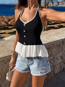 SHEIN Black And White Ruffle Halter Neck Summer Knit Top - Black and White - View 4