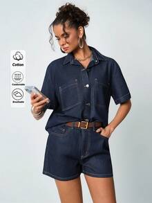 SHEIN Women Denim Shirt And Short Set Oversize Short Sleeve Shirt And Short Summer Denim Two Pieces Set Dark Blue Washed - Dark Wash - View 7