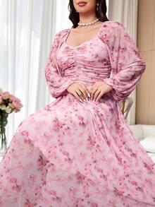 Modelyn Große Größen Elegantes Kleid für Damen mit Blume Muster, Herzausschnitt, Rüschen und Ballonärmeln - Verschiedenfarbig - Übersicht 4