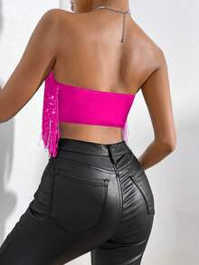 VaVaBold 节日派对服装：流苏边露脐抹胸上衣 - 玫紅色 - 查看 2