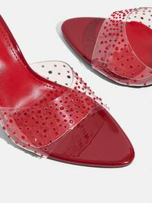 CUCCOO TILAWA Red Rhinestone Transparent Strap Sandals, Sexy Bridal High Heel Shoes, Fashionable Open Toe Slip-On Sandals For Women - Red - View 5