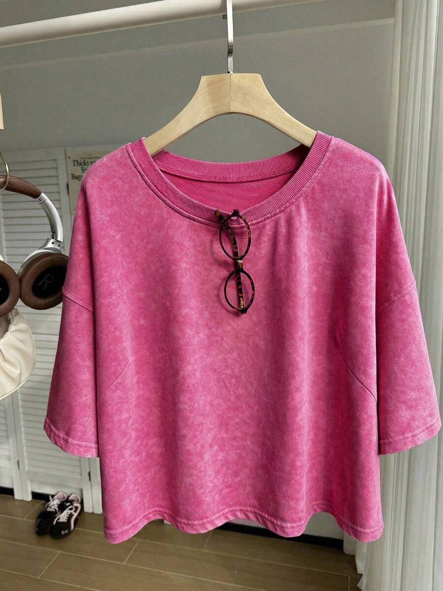 Comfortcana Plus Size Fuchsia Washed Snow Flower Cotton Short Sleeve T-Shirt, Spring - Hot Pink - View 1