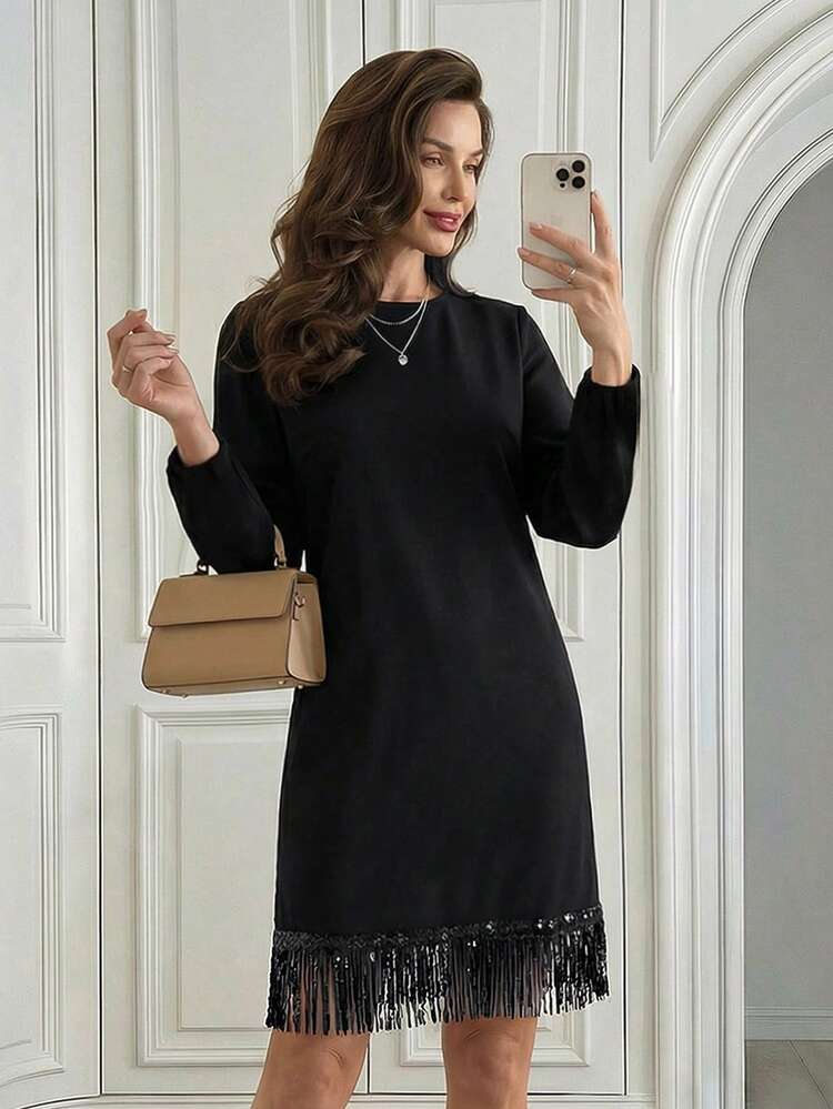 Women's Elegant Black Long Sleeve Mini Dress,Solid Round Neck Loose Fringe Hem,Classy Autumn Party Dress,Christmas Outfit, Fashion Dresses