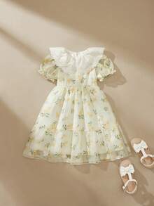 SHEIN Glamorique Kids 1件女童花卉刺绣领提花面料腰部松紧带休闲可爱公主裙，夏季 - 黃色 - 查看 4