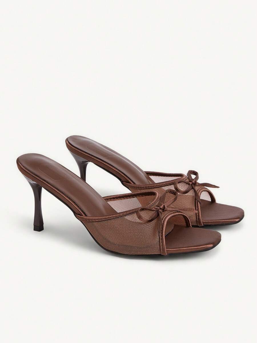 CUCCOO CHICEST 女士时尚方头经典网纱蝴蝶结性感晚宴派对风格简约后跟细高跟凉鞋 - 棕色 - 查看 1
