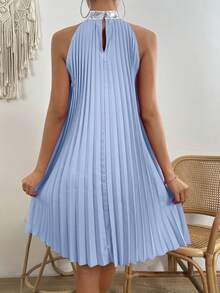 Breezaya Đầm cổ yếm xếp ly đính sequin tương phản, trang phục đi biển cho nữ. - Màu xanh nhạt - Xem 2