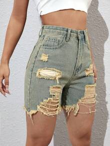 SHEIN EZwear 女士复古简约休闲牛仔短裤 - 淺色水洗藍 - 查看 3
