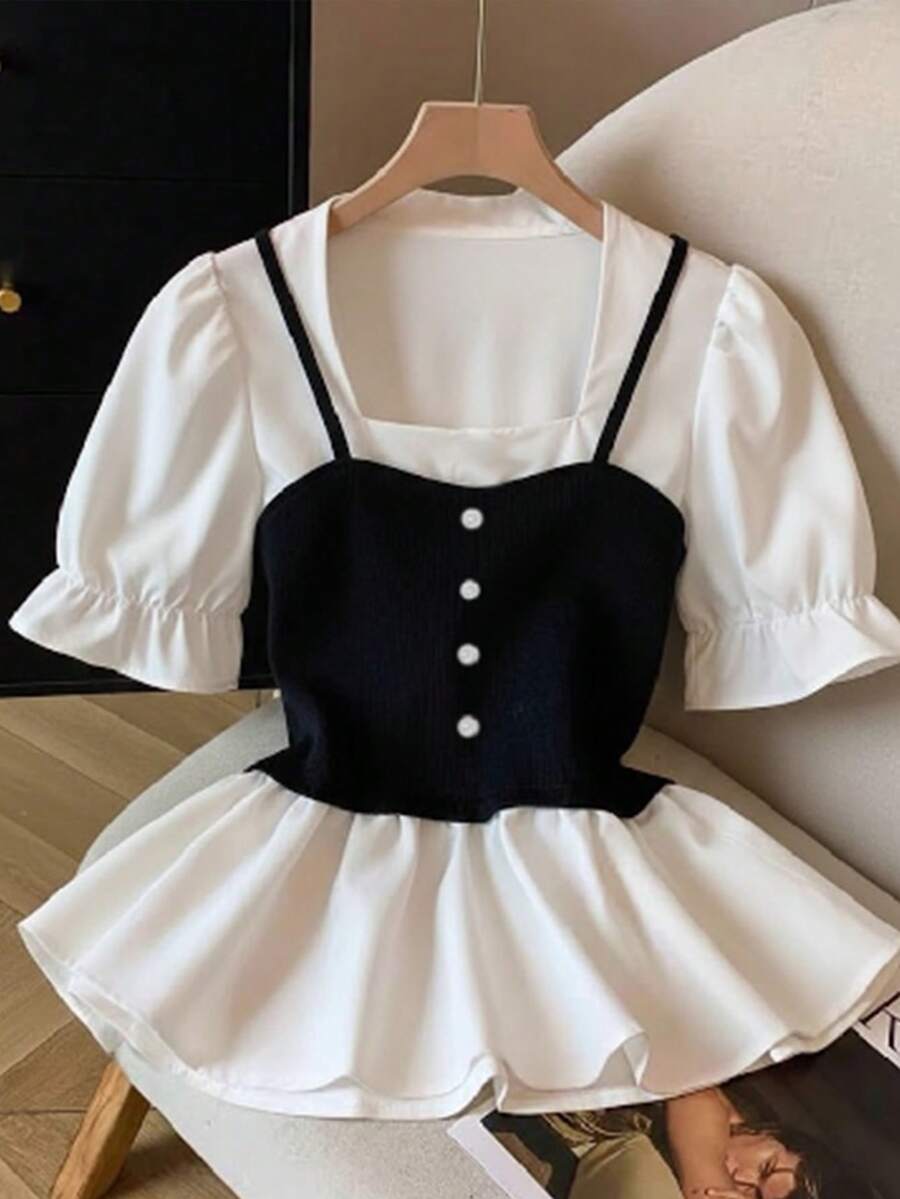 GlowEve Áo kiểu tay ngắn cổ vuông phối màu, dáng peplum, thanh lịch, thích hợp cho mùa hè. - Đen và trắng - Xem 1
