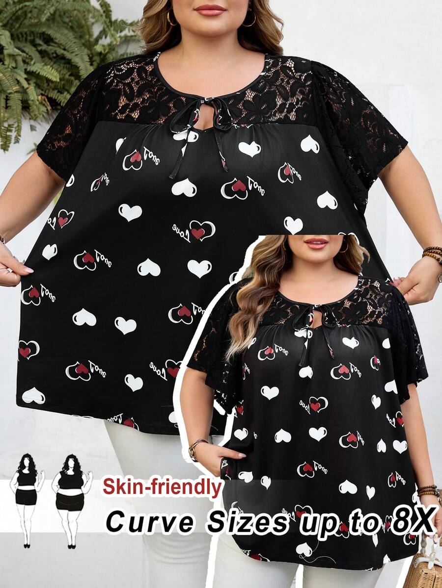 SHEIN CURVE+ Curve 尺码 US22 音乐节、海滨度假、波西米亚风圆领短袖宽松蕾丝拼接T恤，夏季女装 8XL 女装 T恤 - 彩色 - 查看 1