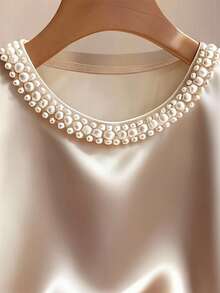 Franclia Champagne Satin Embellished Collar Pearl Knit T-Shirt For Women, Spring/Summer Pearl Top Satin Top Classy Top Elegant Top Women Tops Elegant - Champagne - View 3
