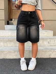 SHEIN PETITE 女士休闲时尚街头风日常通勤翻盖口袋水洗牛仔短裤，夏季 - 黑色 - 查看 1