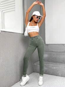 EMERY ROSE Women's Casual Everyday Commute Simple Solid Color High Waist Skinny Jeans - Olive Green - View 5