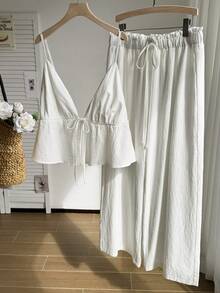 Comfortcana Bộ 2 áo hai dây buộc phía trước màu trơn cỡ lớn dành cho nữ và quần - trắng - Xem 4