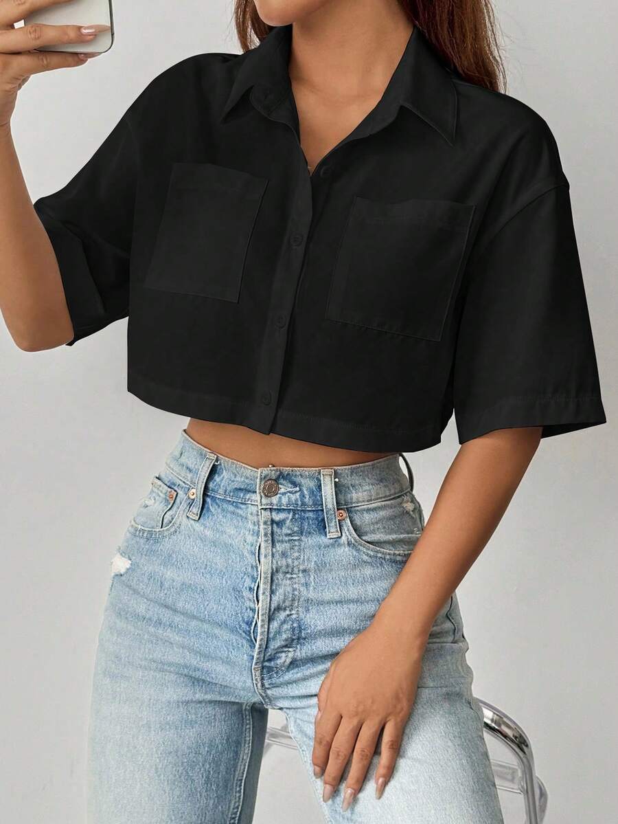 Chiquease Women's Casual Solid Color Front Button Short Sleeve Cropped Shirt, Summer - Black - View 1