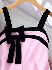SHEIN Tween GirlsSweet & Cool Contrast Color 3D Bow Decor Sleeveless Wide Leg Jumpsuit, Casual Wear & Party, Spring/Summer Girls Summer Jumpsuit Bow Detail Jumpsuit Pink Jumpsuit Girls Kids Fashion Jumpsuit Jumpsuits For Girls Pink Jumpsuit For Girls - Pink - View 4