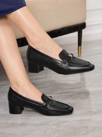 Sleekvia 女士新款厚底乐福鞋，时尚金属扣装饰方头鞋