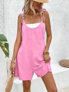 Breezaya Solid Color Washed Cotton Round Neck Beaded Jumpsuit Holiday Vacation Light Pink Summer Boho Casual - Hot Pink - View 3