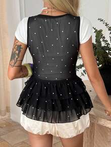 DAZY Áo nữ cổ chữ V không tay chấm bi, viền bèo nhún, thắt nơ phía trước, kiểu dáng thường ngày. - màu đen - Xem 6