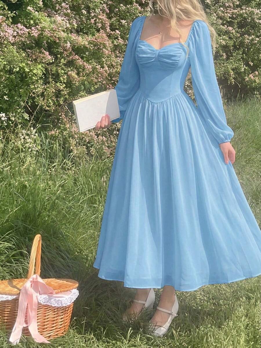SHEIN MOD 心形领口、灯笼袖、胸部褶皱设计春季度假连衣裙 - 藍色 - 查看 1