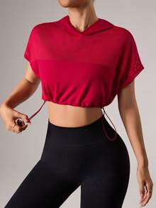 Women's Solid Color Short Sleeve Drawstring Hem Hooded Cropped Sweatshirt - Burgundy - View 3