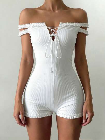 INAWLY 女士夏季纯色性感露肩荷叶边连体裤