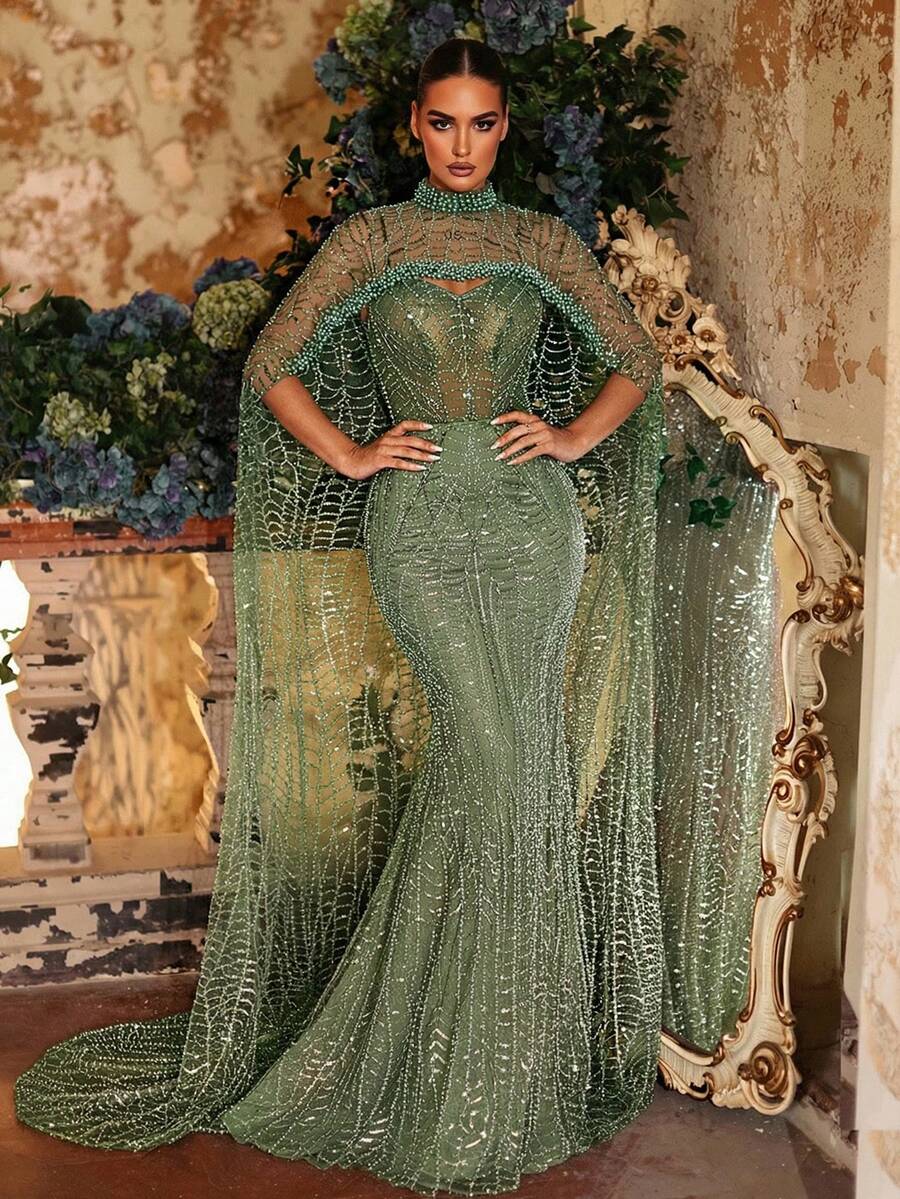 Glamrae Elegante y lujoso vestido de sirena con diseño de chaqueta desmontable con cuentas de perlas, apropiado para bodas, fiestas, vacaciones, galas y ocasiones formales (muy adornado) - Verde - Ver 1