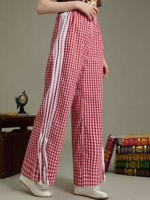 Elnivra Pantalones anchos de pierna ancha con cintura elástica lateral, estampado a cuadros y rayas de contraste, para uso casual, vacaciones y viajes - Rojo y blanco - Ver 5