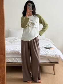 DAZY 2pcs/Set Women English Graphic Loose Contrast Color Raglan Sleeve Side Slit Drawstring T-Shirt And Pants Pajama Set - White - View 7