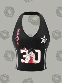 Betty Boop x SHEIN 女士性感时尚街头运动卡通人物和数字字母印花撞色条纹侧开背吊带上衣，夏季 - 黑色 - 查看 1